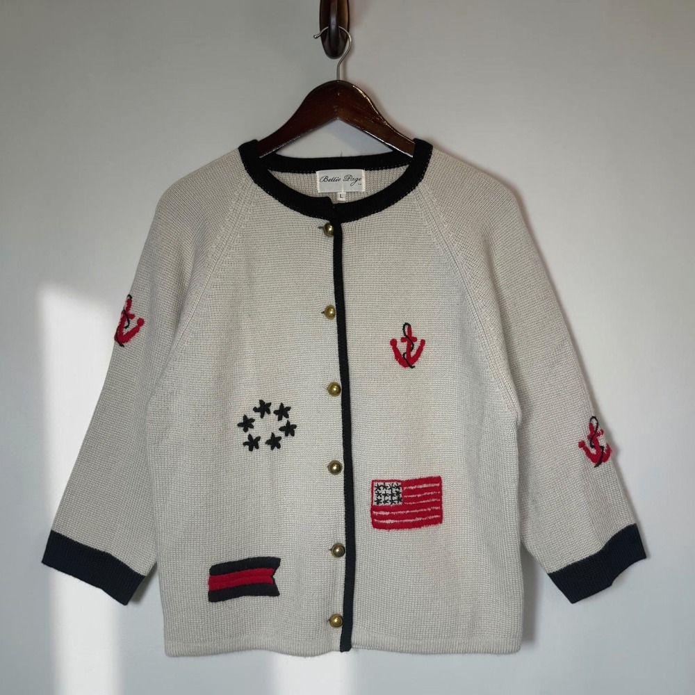 Bettie Page Vintage Nautical Cardigan Sweater Pinup Wool Blend Sailor size Large